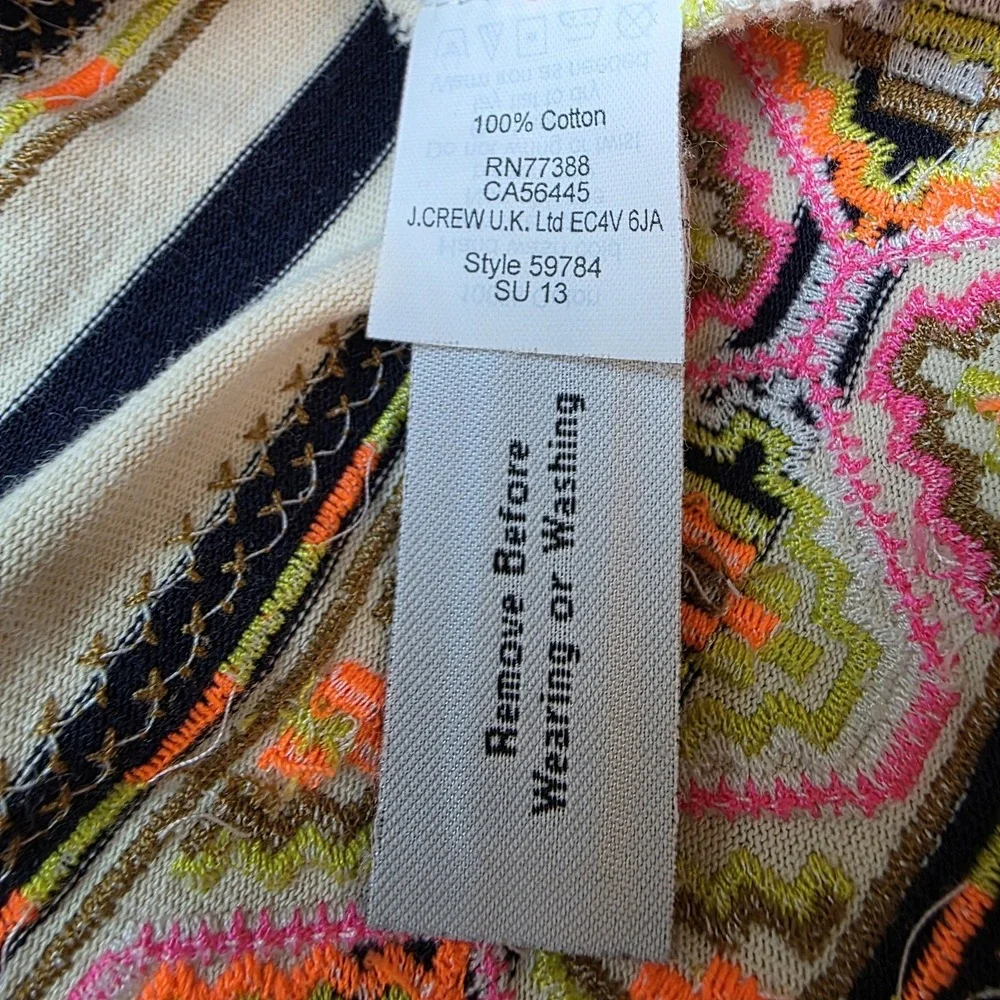 J CREW Women's Top SZ M Striped Aztec‎ Neon Embroidered Bateau Neck 3/4  *READ